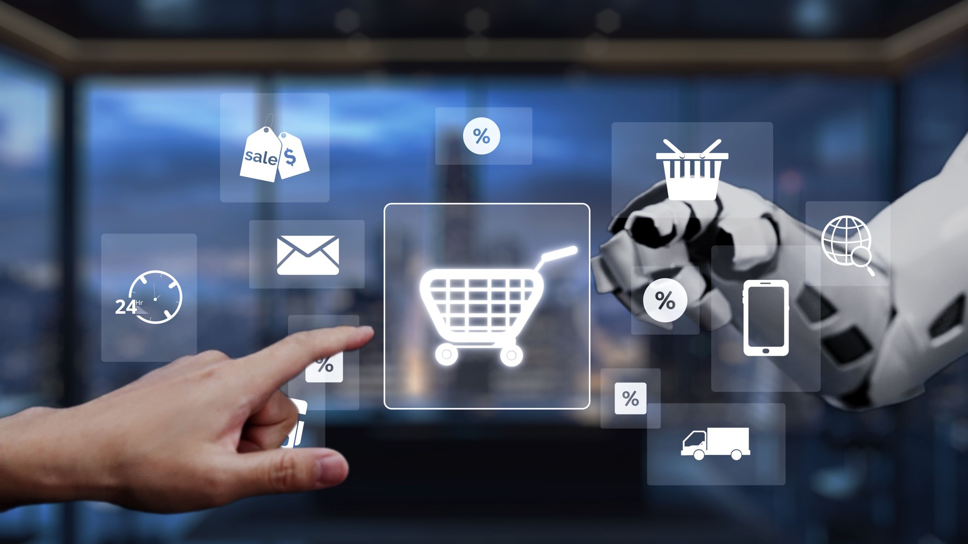 Futuristic Shopping Experience with Human Hand and Robotic Arm Interacting with Digital Interface Representing E-commerce and Online Retail. Auvana